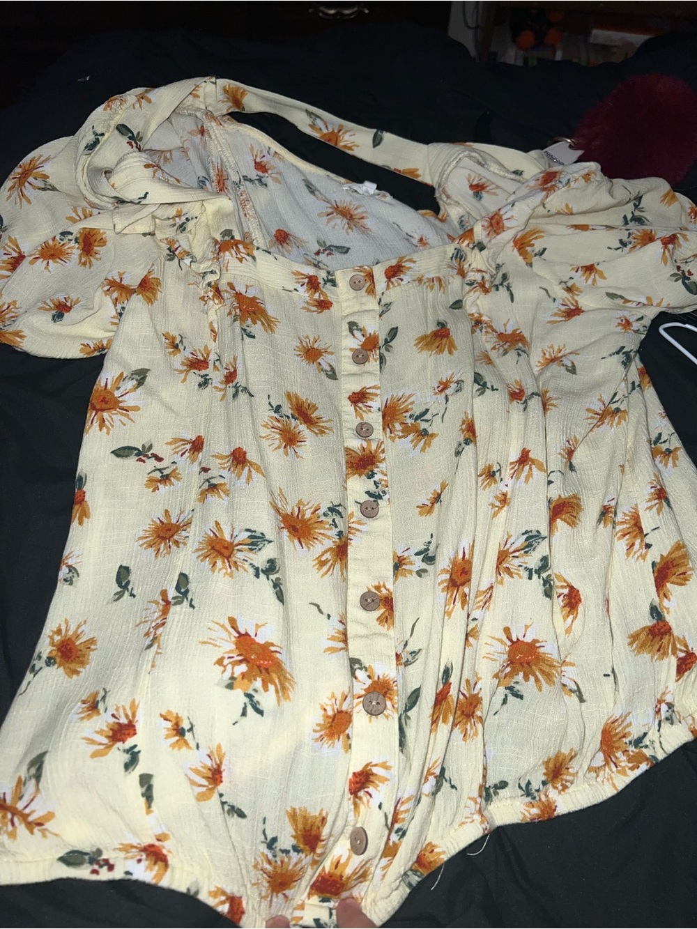 Floral Button-Front Cream Women's Top with Orange Sunflower Print